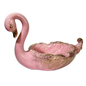 Mid Century Pink ceramic swan figure figurine ashtray soap dish gold highlights